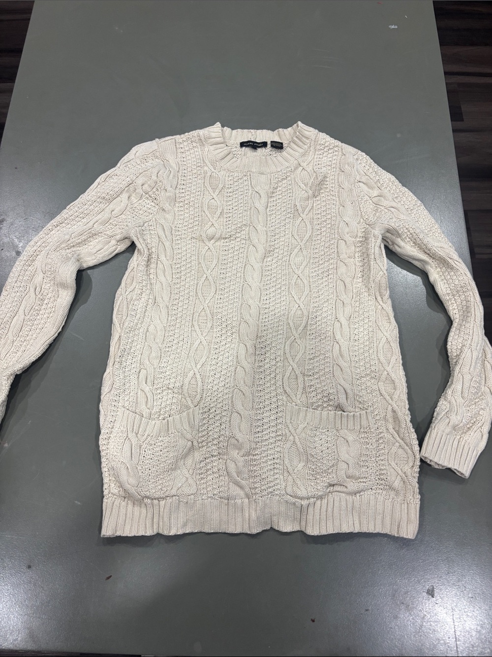 JEANNE PIERRE Cream Cable Knit Crewneck Sweater with Pockets